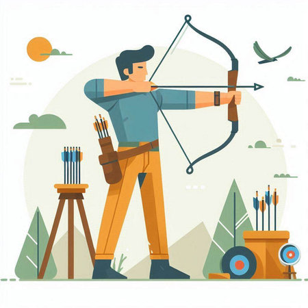 Archery man with bow and arrow. Flat style vector illustration.のイラスト素材