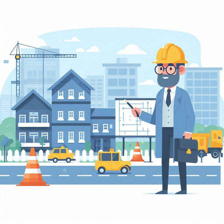 Architectural background. Vector illustration in flat design style. Construction worker in helmet and glasses.のイラスト素材