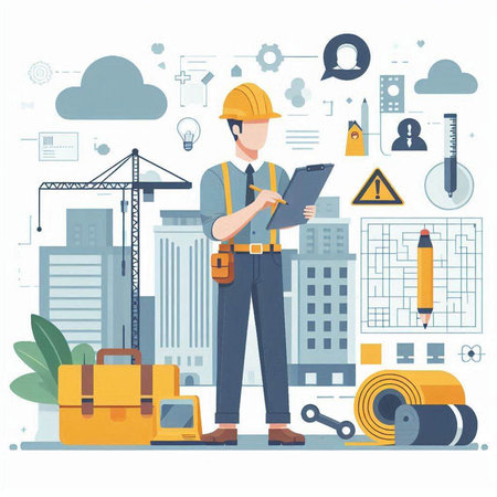Architect or engineer on the background of a construction site. Vector illustrationのイラスト素材