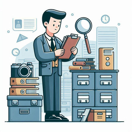 Businessman looking through a magnifying glass in the office. Vector illustrationのイラスト素材
