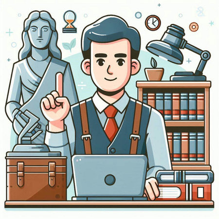 Lawyer working at law office. Vector illustration in line art style.のイラスト素材