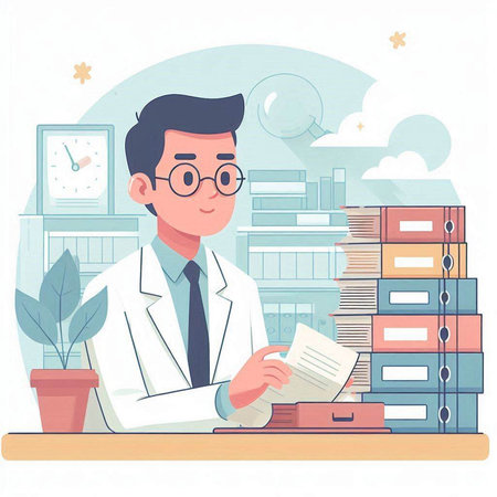 Vector illustration of a doctor in medical gown and glasses sitting at the desk in the officeのイラスト素材