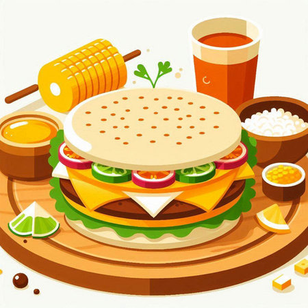 Illustration of a hamburger on a wooden cutting board with ingredientsのイラスト素材