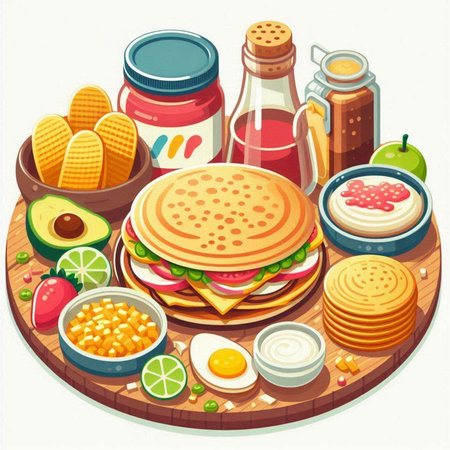 Vector illustration of a breakfast set with sandwich, scrambled eggs, vegetables and fruits.のイラスト素材