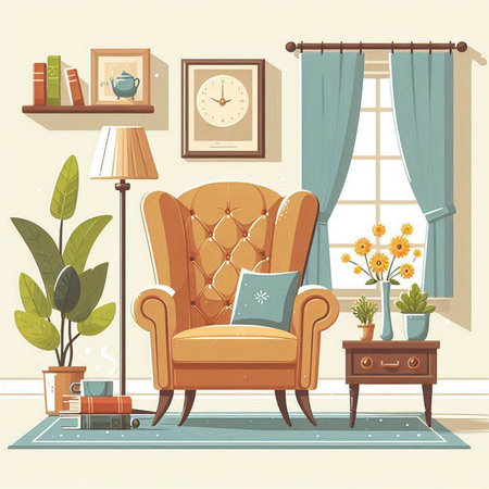 Living room interior with armchair, bookshelf, clock and plants. Vector illustration.のイラスト素材