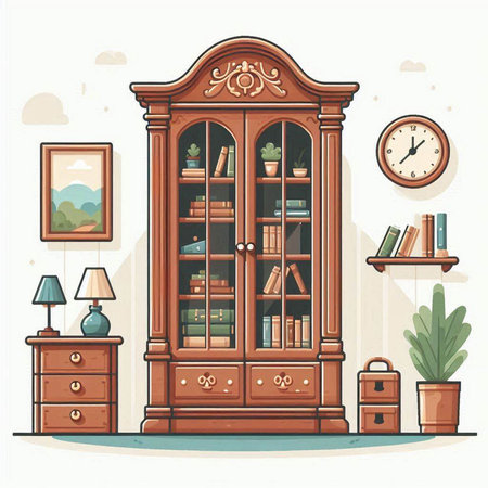 Illustration of a bookshelf with books and clocks. Vector illustration.のイラスト素材