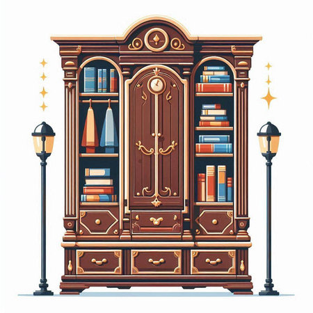 Antique bookshelf with books and lamps. Vector illustration.のイラスト素材