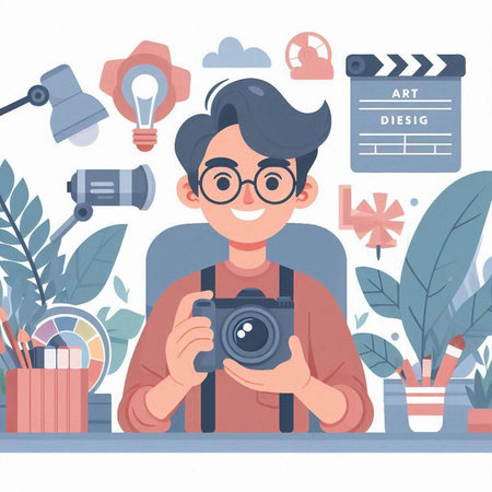 Photographer with camera in his hands. Vector illustration in flat styleのイラスト素材