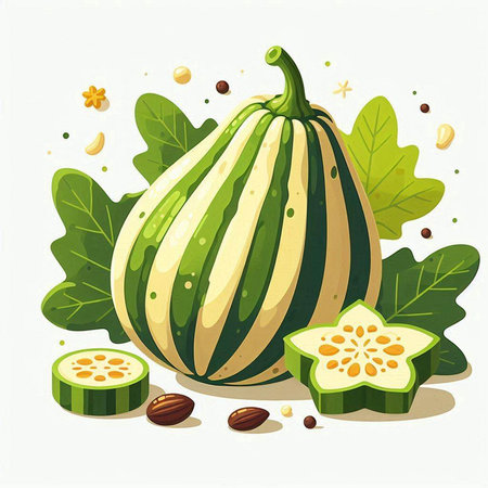 Pumpkin with leaves and seeds on white background. Vector illustration.のイラスト素材