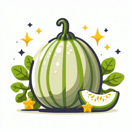 Illustration of a watermelon on a white background with stars and leavesのイラスト素材