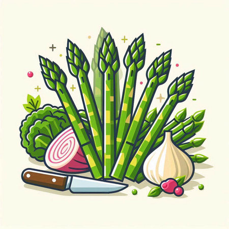 Illustration of fresh green asparagus, garlic, onion and knifeのイラスト素材