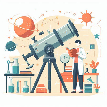 Astronomy and science flat vector illustration. Cartoon scientist with telescope and scientific equipment. Astronomy and science concept.のイラスト素材