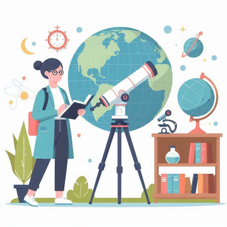 Scientist looking through a telescope on the background of the globe. Flat vector illustration.のイラスト素材