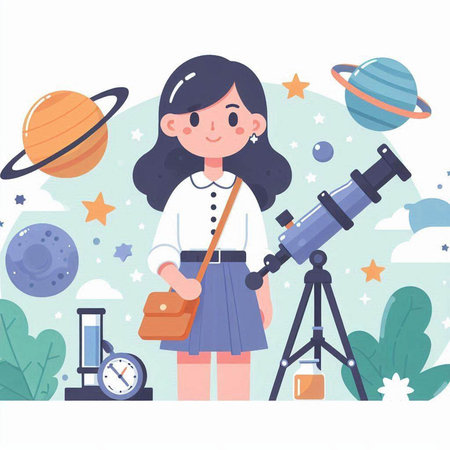 Cute girl with telescope and planets. Vector illustration in flat styleのイラスト素材