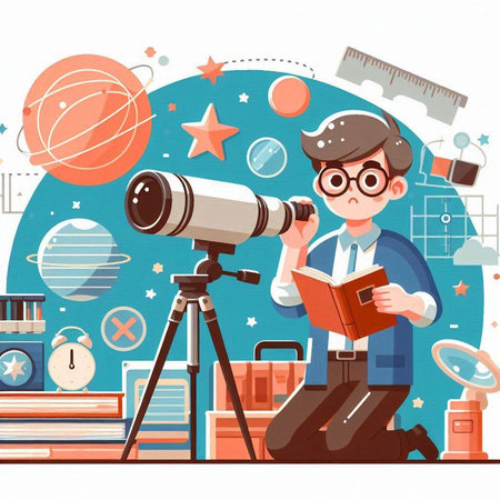 Vector illustration of a man in glasses with a telescope and a book.のイラスト素材