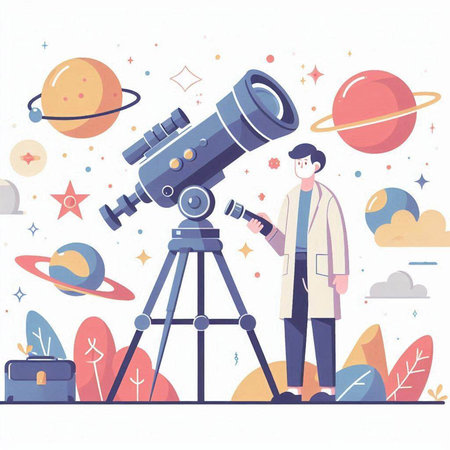 Astronaut in outer space with telescope. Vector flat illustration.のイラスト素材