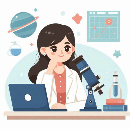Young female scientist working with microscope in laboratory. Vector illustration in flat style.のイラスト素材