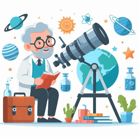 Scientist and telescope vector illustration. Cartoon scientist looking through telescope. Astronomy and science concept.のイラスト素材