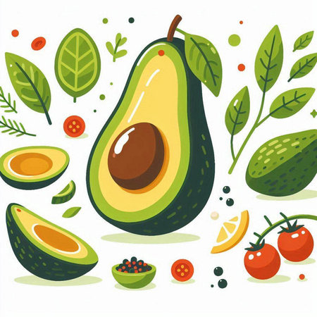Avocado fruits and vegetables vector illustration. Fresh healthy food concept.のイラスト素材