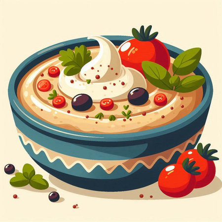 Illustration of a bowl of hummus with tomatoes, olives and creamのイラスト素材