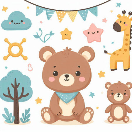 Cute Teddy Bear Illustration with Cute Animal Characters. Vectorのイラスト素材