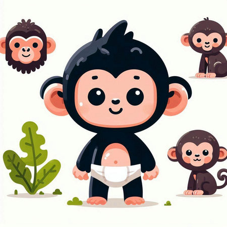 Monkey cartoon character vector illustration. Cute little chimpanzee, monkey in diaper.のイラスト素材