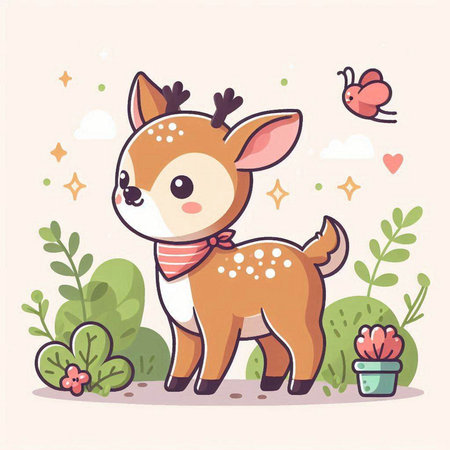 Cute cartoon deer in the garden. Vector illustration. Cartoon style.のイラスト素材
