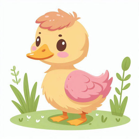 Cute duckling standing on the grass. Vector illustration in cartoon style.のイラスト素材