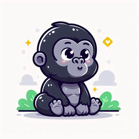 Vector illustration of a cute little gorilla sitting on the grass and smiling.のイラスト素材