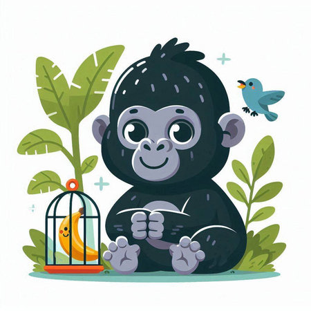 Vector illustration of a cute gorilla with a bird and a cage.のイラスト素材