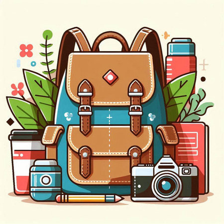 Vector illustration of backpack with camera, book and coffee cup on floral background.のイラスト素材