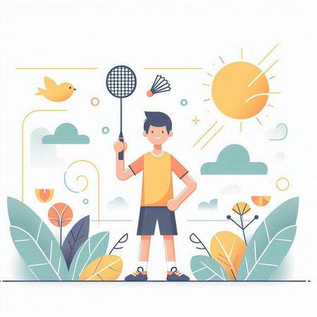 Boy playing badminton in the park. Flat style vector illustration.のイラスト素材