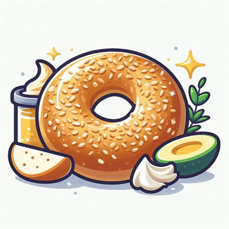 Vector illustration of a bagel with sesame seeds, avocado and creamのイラスト素材