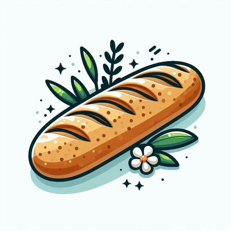 Vector illustration of a loaf of bread with leaves and flowers in cartoon style.のイラスト素材
