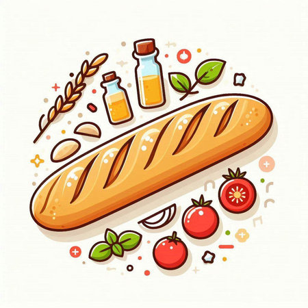 Baguette bread with herbs and spices. Vector illustration on white background.のイラスト素材