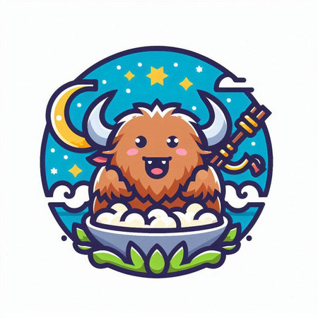 Cute cartoon yak in a bowl of rice. Vector illustration.のイラスト素材