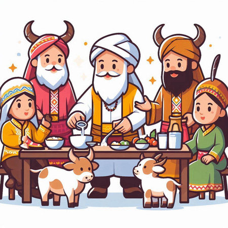 Cute cartoon family in traditional clothing and eating food. Vector illustration.のイラスト素材