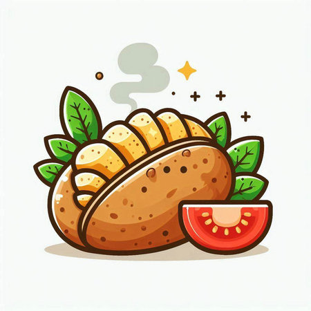Illustration of a fresh baked potato with leaves and a slice of tomatoのイラスト素材