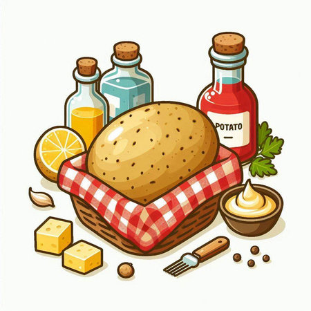 Illustration of a basket of bread and other food. Vector illustrationのイラスト素材