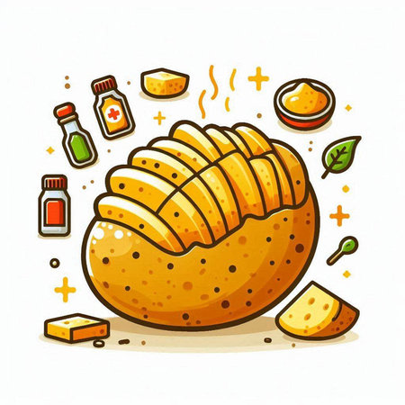 Illustration of a bread with cheese and spices. Vector illustration.のイラスト素材