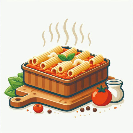 Illustration of a bowl of pasta with basil and tomato sauce.のイラスト素材
