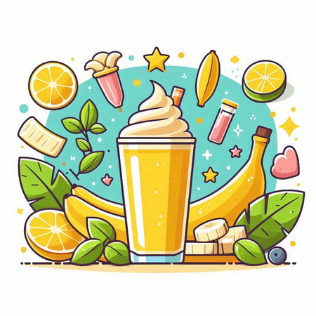 Vector illustration of a smoothie in a glass with fruits and ice cream.のイラスト素材