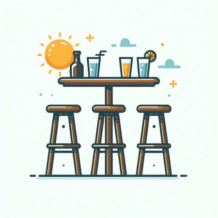 Bar counter with drinks and sun. Line art style vector illustration.のイラスト素材
