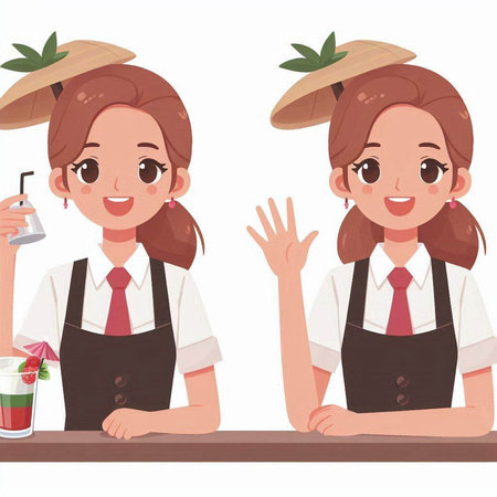 Illustration of a Cute Young Female Barista Posing with a Straw and a Cocktailのイラスト素材