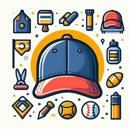 Baseball cap and sport accessories. Vector illustration in line art style.のイラスト素材