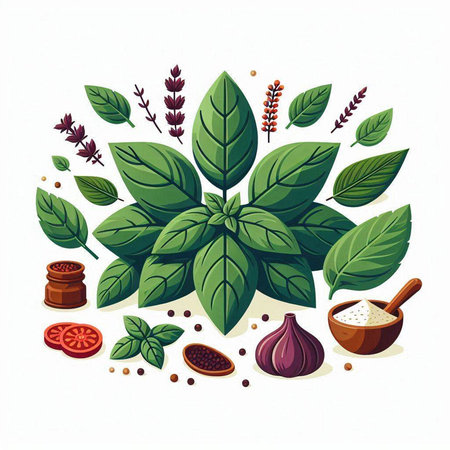 Herbs and spices in flat style. Vector illustration of herbs.のイラスト素材
