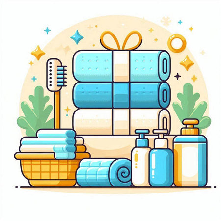 Bathroom set. Towels, shampoo, shower gel, soap, toothbrush. Vector illustration in cartoon styleのイラスト素材
