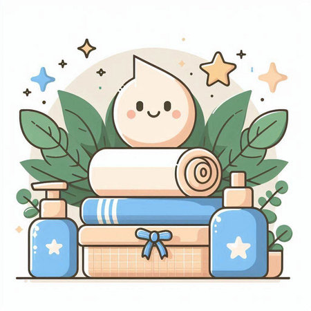Spa and wellness set with towels, candles, cream, lotion, soap and other items. Vector illustration.のイラスト素材