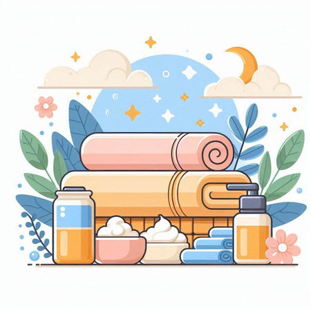 Spa set. Towels, shampoo, cream, lotion, shower gel, shampoo, bath salt, body lotion. Vector illustrationのイラスト素材