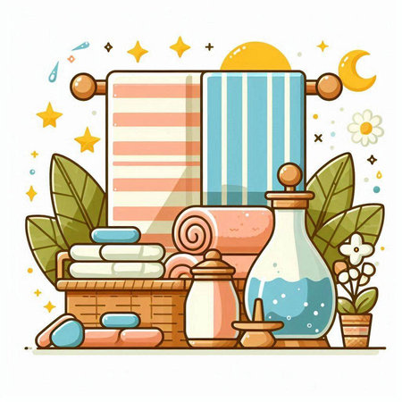 Spa and wellness flat vector illustration. Bath accessories, towels, soap, towel, candle, perfume, pomegranate, flower, candle.のイラスト素材